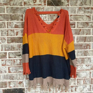Rue+ Colorblock Ripped V-neck Cable Knit Plus Size Sweater
